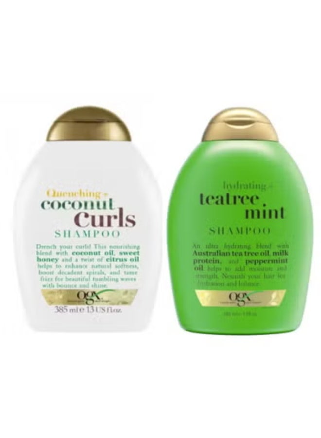 Ogx 2 packs of OGX products (Coconut Curly Hair Shampoo - 385 ml) with (Tea Tree & Mint Moisturizing Shampoo - Sulfate Free - 385 ml) - Image 1